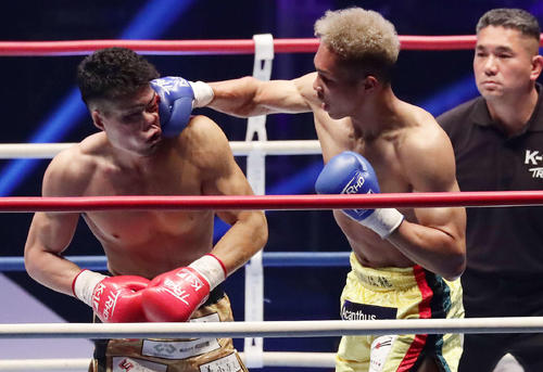 3回、テンプルにパンチを打ち込みKO勝ちした寧仁太・アリ(右)(撮影・丹羽敏通)