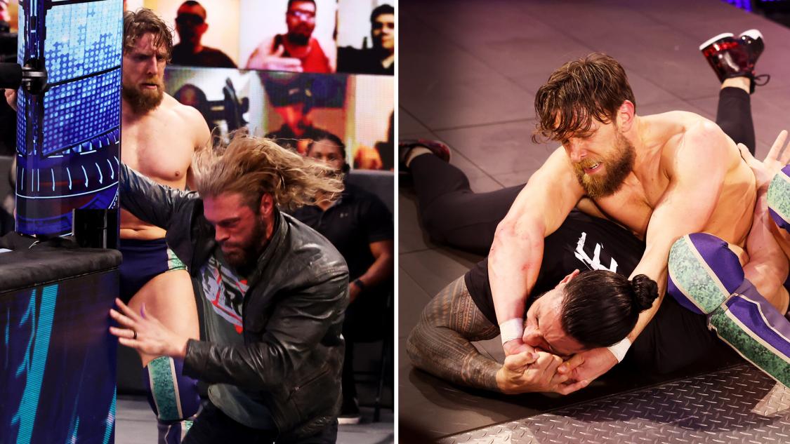 エッジ（写真左手前）、WWEユニバーサル王者レインズ（写真右手前）を次々と襲撃するブライアン（C）2021 WWE, Inc. All Rights Reserved.