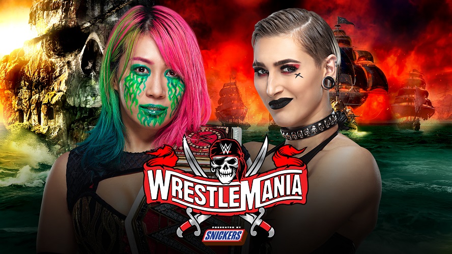 レッスルマニア37大会でリア・リプリー（右）の挑戦を受けるロウ女子王者アスカ（C）2021 WWE, Inc. All Rights Reserved.