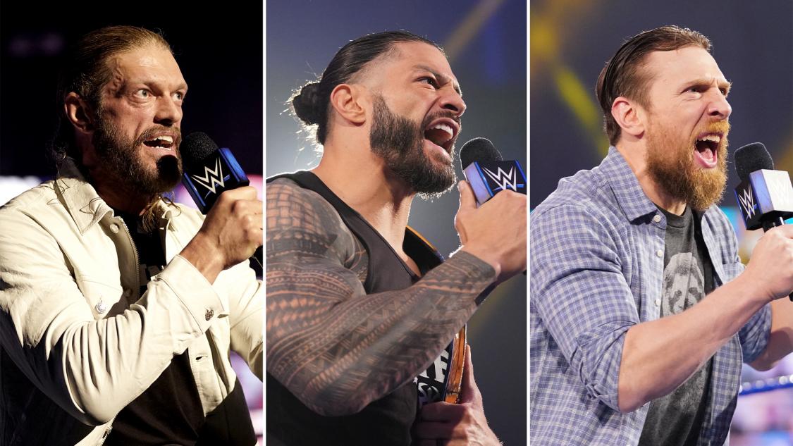 3WAY形式WWEユニバーサル王座戦に向けて意気込む3選手。左からエッジ、王者レインズ、ブライアン（C）2021 WWE, Inc. All Rights Reserved.