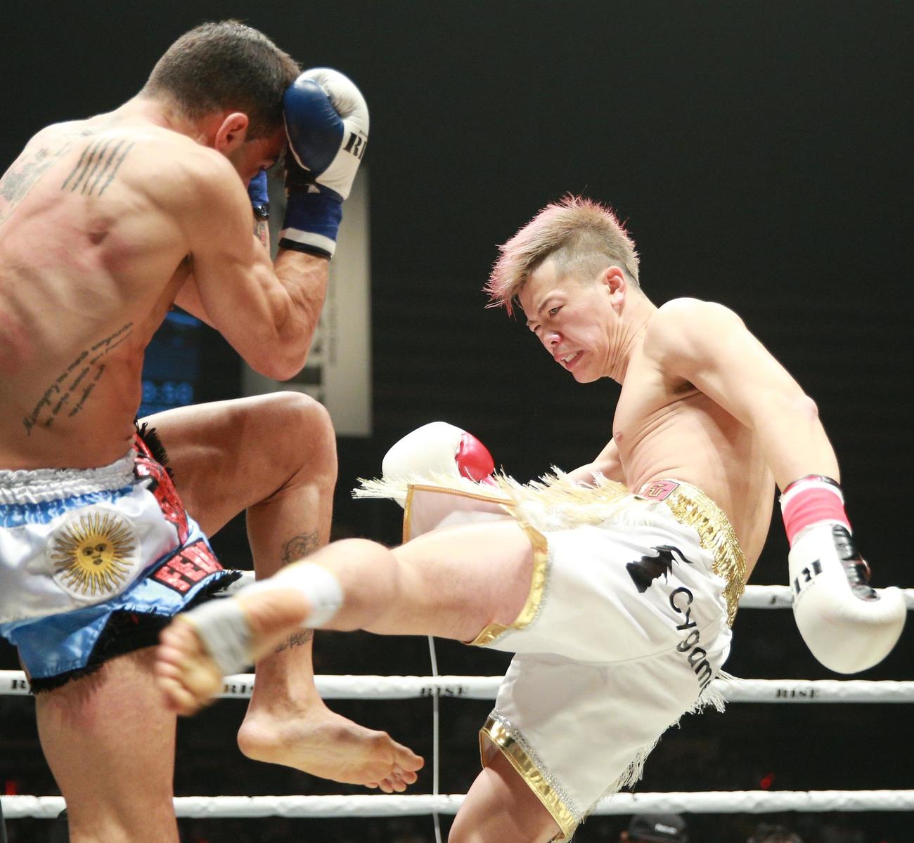 フェデリコ・ローマ（左）にローキックを浴びせる那須川天心（19年3月10日撮影）