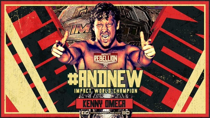 インパクト世界＆TNAヘビー級王者スワンを下し、4本目のベルトを獲得したAEWヘビー級王者オメガ（インパクト・レスリング公式SNSより）