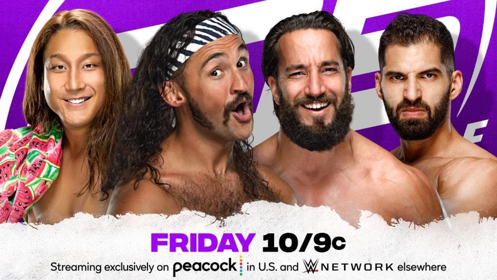 205LiveでWWEデビューが決まったイケメン二郎（左端）グレイ（左から2番目）と組み、ニース（同3番目）、デバリ組と対戦（C）2021 WWE, Inc. All Rights Reserved.