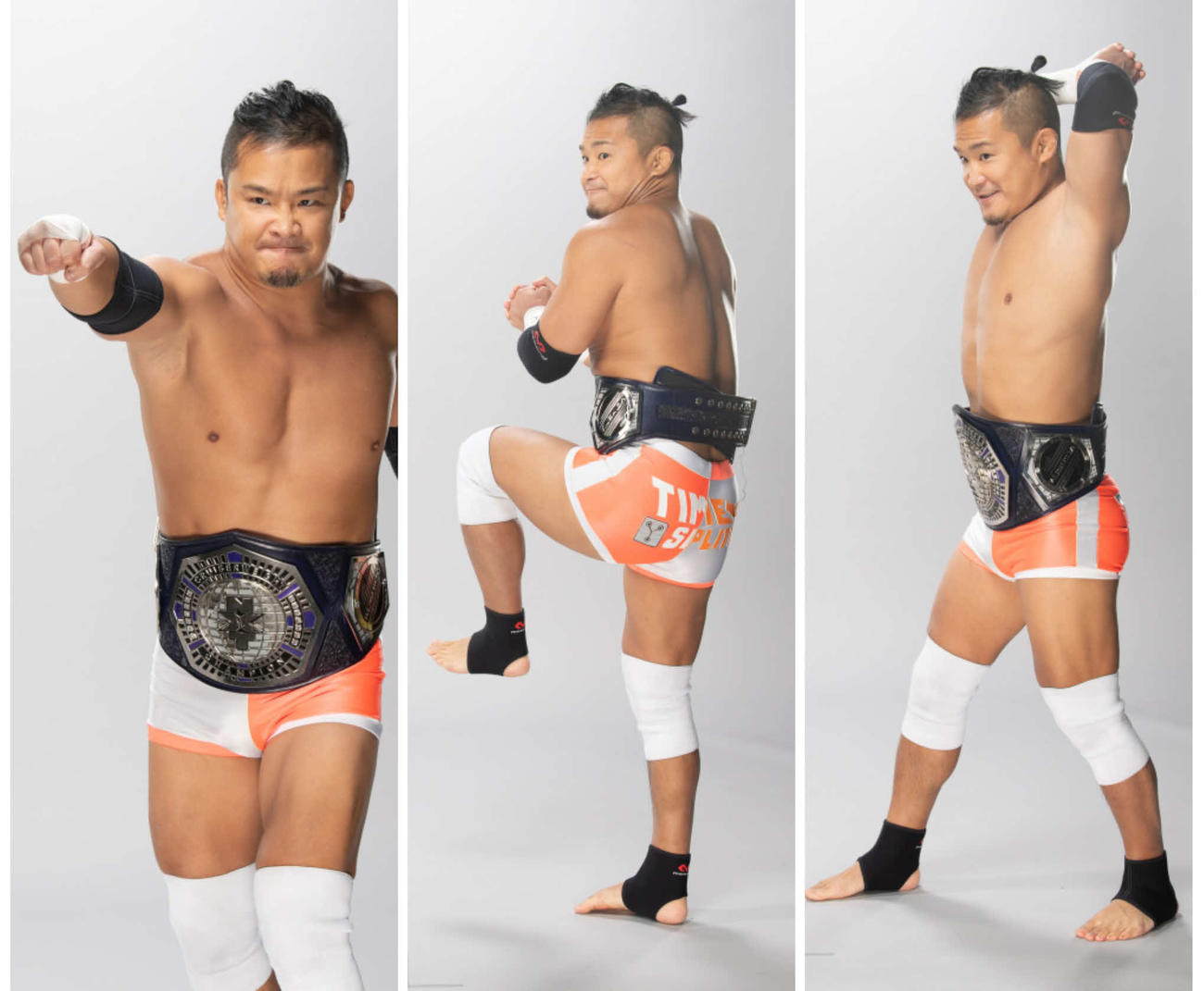 投球フォームから右ストレートを放つ技「マサヒロ・タナカ」を披露するNXTクルーザー級王者KUSHIDA（C）2021　WWE，Inc.　All　Rights　Reserved.