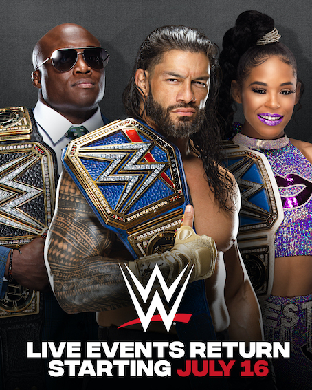 WWEの王者3人（左からラシュリー、レインズ、ブレア）を並べたビジュアルで7月16日からのツアー再開を発表（C）2021 WWE, Inc. All Rights Reserved.