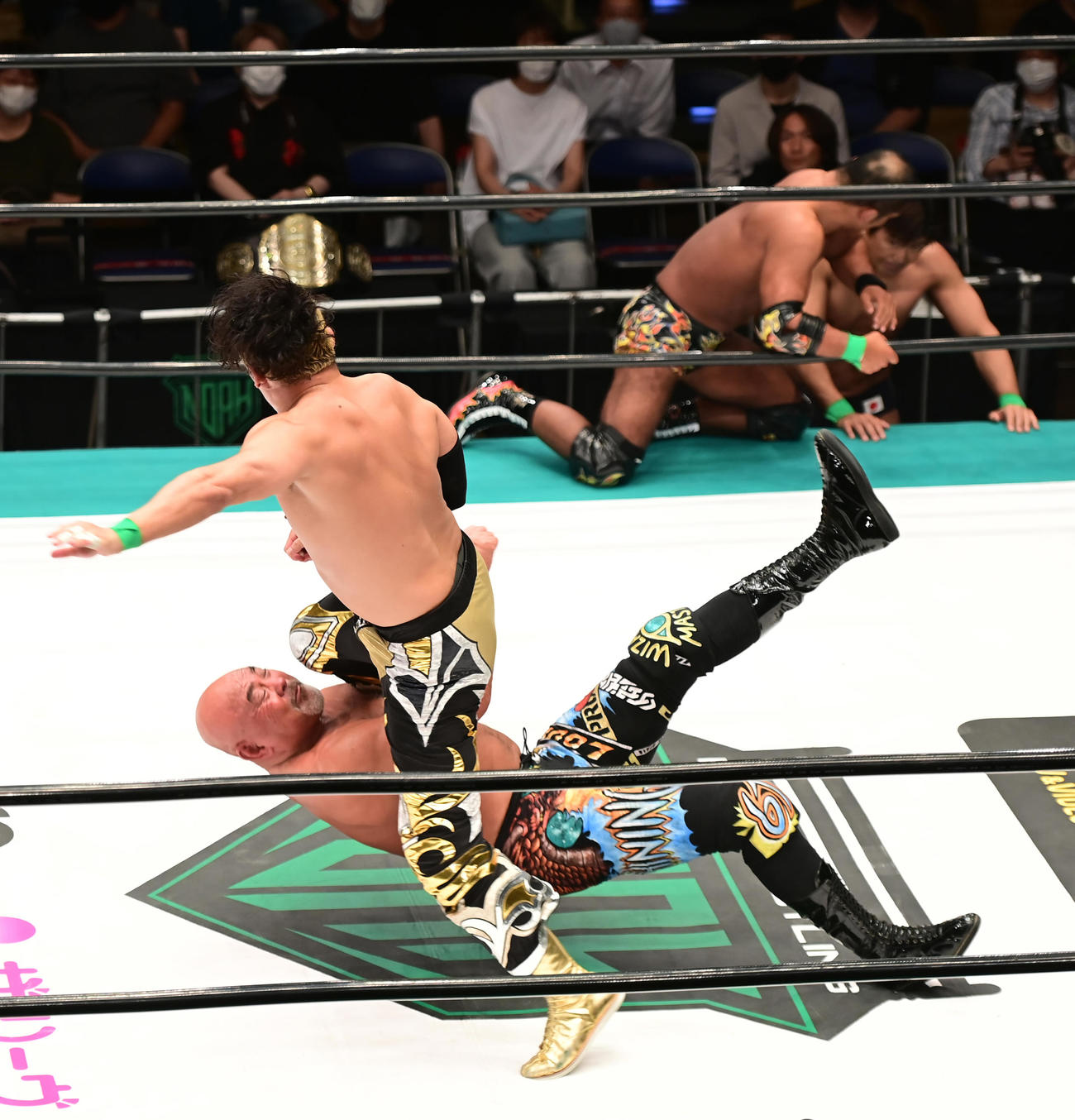 丸藤（左上）にドラゴンスクリューを見舞う武藤（撮影・小沢裕）