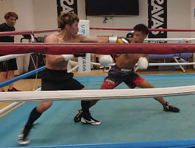 同門の元K－1スーパーバンタム級王者武居（右）と軽めのスパーリングに取り組んだWBAスーパー、IBF世界バンタム級王者井上（大橋ジム提供）