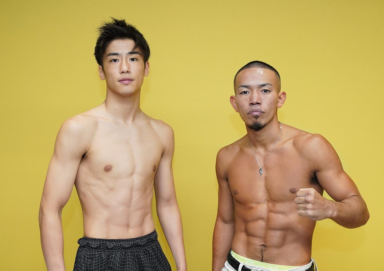 プロ4戦目に備え、計量パスしたWBOアジア・パシフィック・フェザー級15位木村（左）。右は対戦相手の20年全日本新人王フェザー級西軍代表福永（三迫ジム提供）