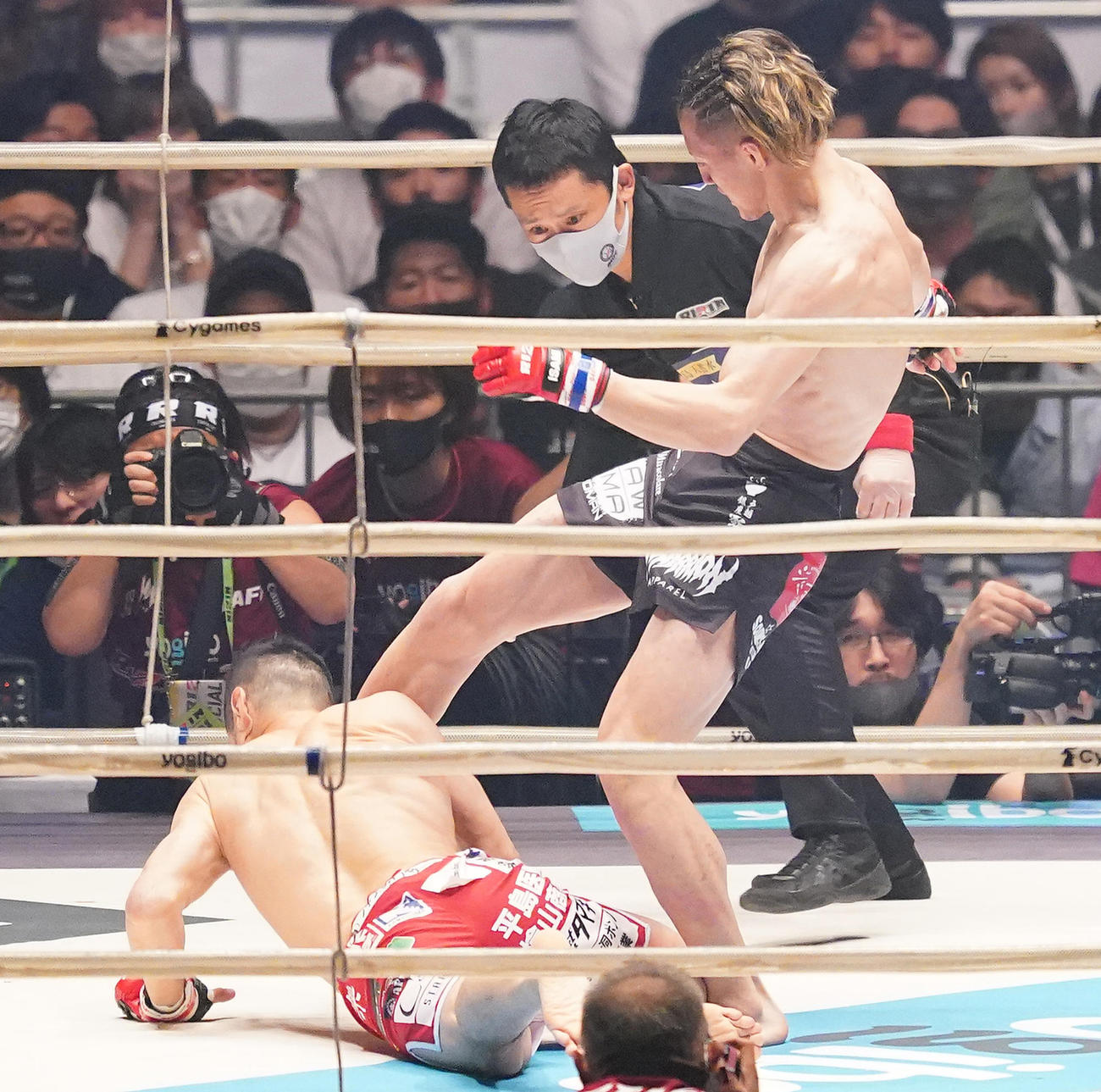 パンチを顔面に受け倒れ込んだ石渡（左）を蹴り上げる井上（撮影・菅敏）