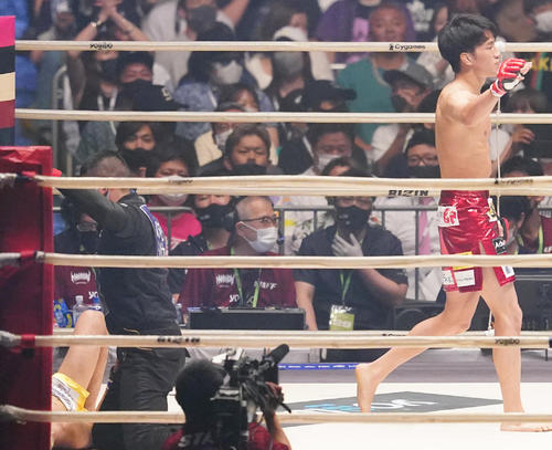 渡部（左端）をKOで破る朝倉海（撮影・菅敏）