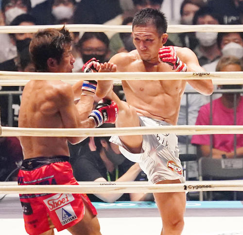 岡田（左）にキックを見舞う元谷（撮影・菅敏）