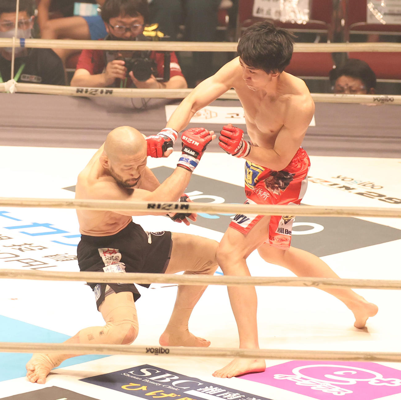 滝沢謙太対今成正和　1回、今成（左）にパンチをヒットさせる滝沢（撮影・清水貴仁）