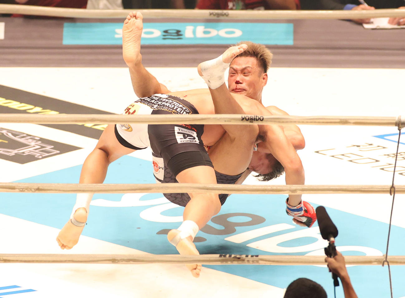 金太郎対伊藤空也　3回、伊藤（手前）の反撃を受ける金太郎（撮影・清水貴仁）