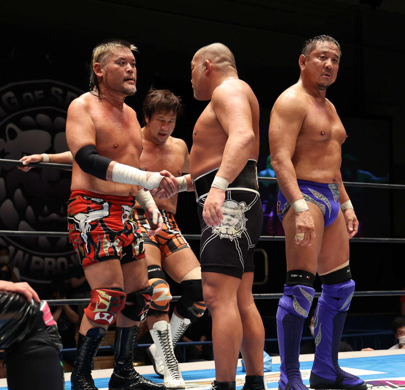 新日本プロレス後楽園大会　試合後握手を求めてきた石井智宏（右から2人目）に応じる天山広吉（左）。右は永田裕志。奥は小島聡（新日本プロレス提供）