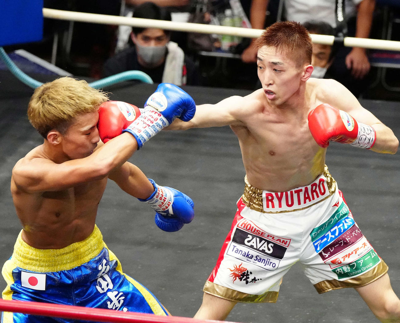 4回、花田（左）に右ジャブを放つ中垣（撮影・江口和貴）
