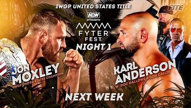 カール・アンダーソン（右）を下し、5度目防衛に成功した新日本のIWGP・USヘビー級王者モクスリー（左）（FITE TV公式SNSより）