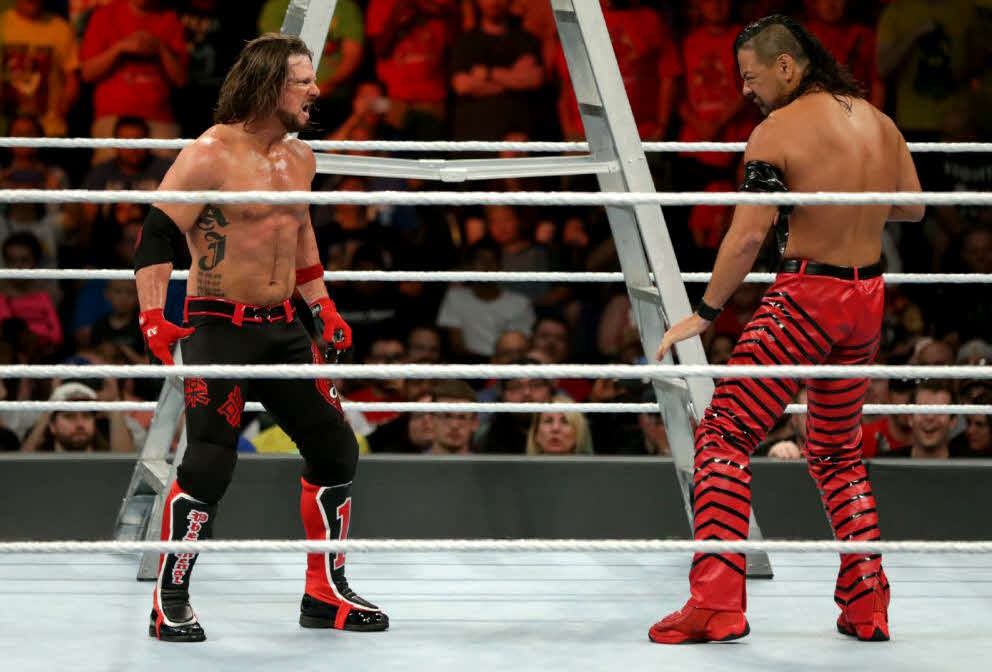 17年に中邑（右）が日本人初のMITB男子ラダー戦出場を果たした。左はAJスタイルズ（C）2021 WWE, Inc. All Rights Reserved.