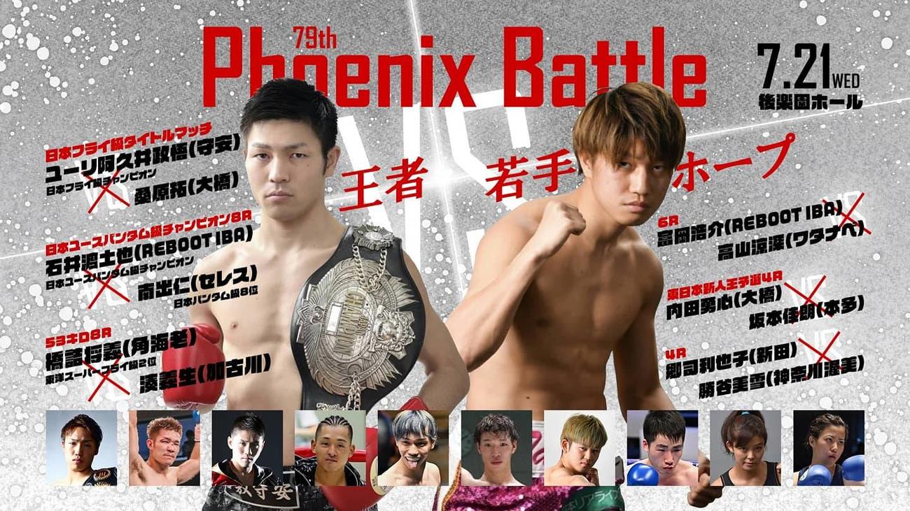 21日に東京・後楽園ホールで開催されるフェニックス・バトル79大会。メインは日本フライ級王者ユーリ阿久井（左）が桑原との2度目の防衛戦（大橋ジム提供）