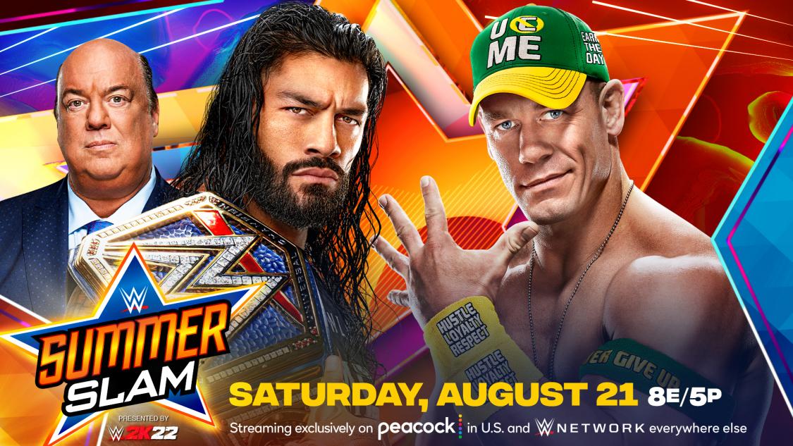 8月21日に控える真夏の祭典サマースラムでWWEユニバーサル王者レインズ（中央）に挑むシナ（右端）。左端はヘイマン（C）2021 WWE, Inc. All Rights Reserved.