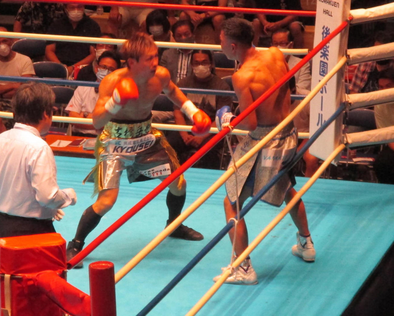 古橋岳也（中央）は連打を打ち込んで花森成吾（右）にTKO勝ち