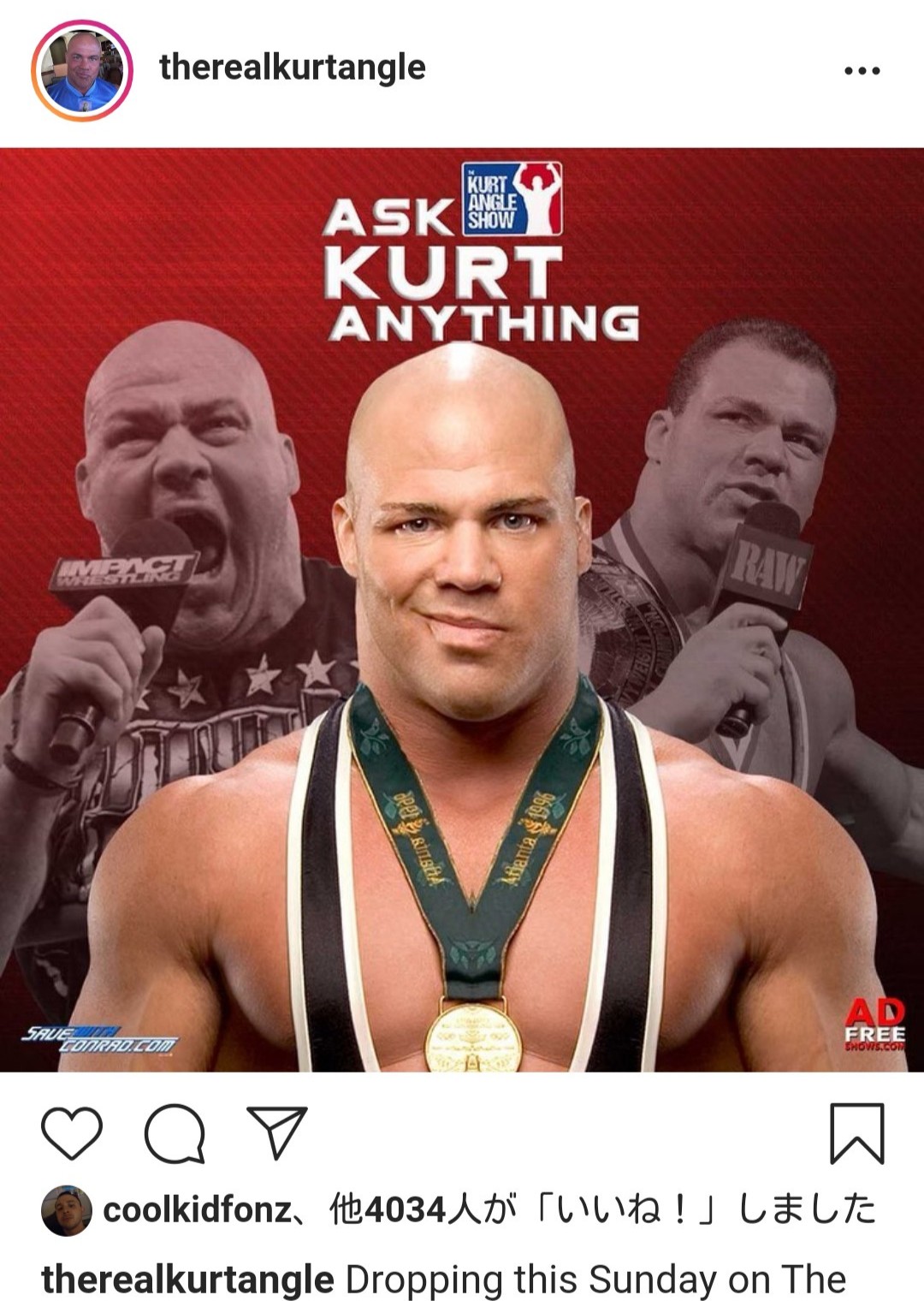 アトランタ五輪金メダリストとしてWWEに参戦したカート・アングル（アングルの公式SNSより）