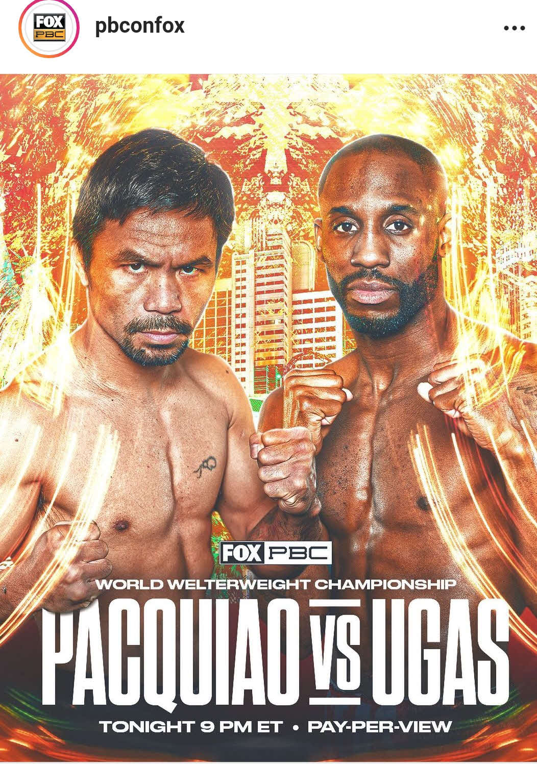 約2年1カ月ぶりにリング復帰する世界6階級制覇王者パッキャオと対戦相手のWBA世界ウエルター級スーパー王者ウガス（PBC公式SNSより）