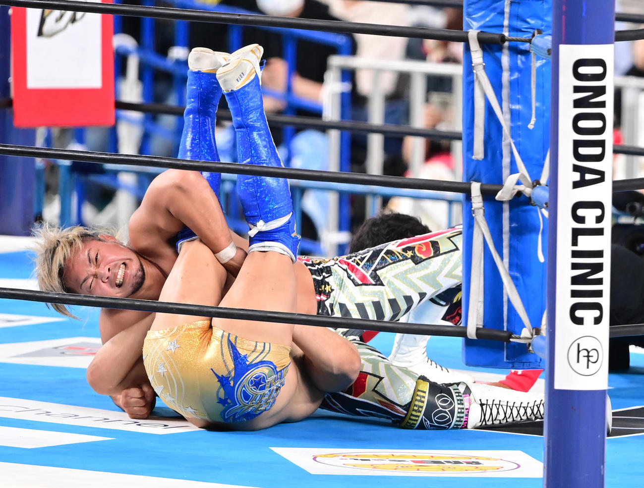 ハイフライフローから飯伏を抑え込む棚橋（撮影・小沢裕）