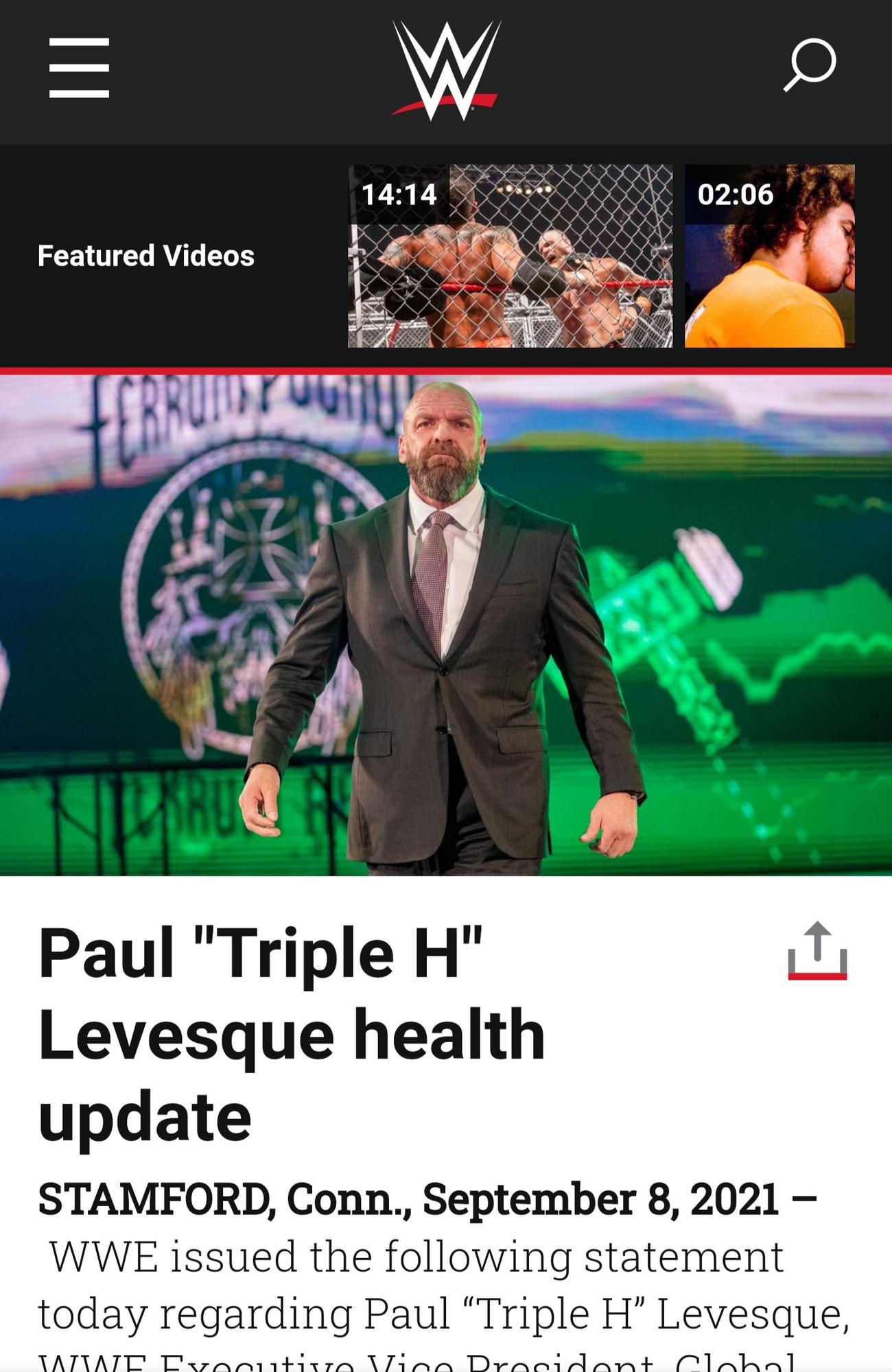先週に心臓手術を受けたと発表されたWWEのCOO、トリプルH（WWE公式サイトより）