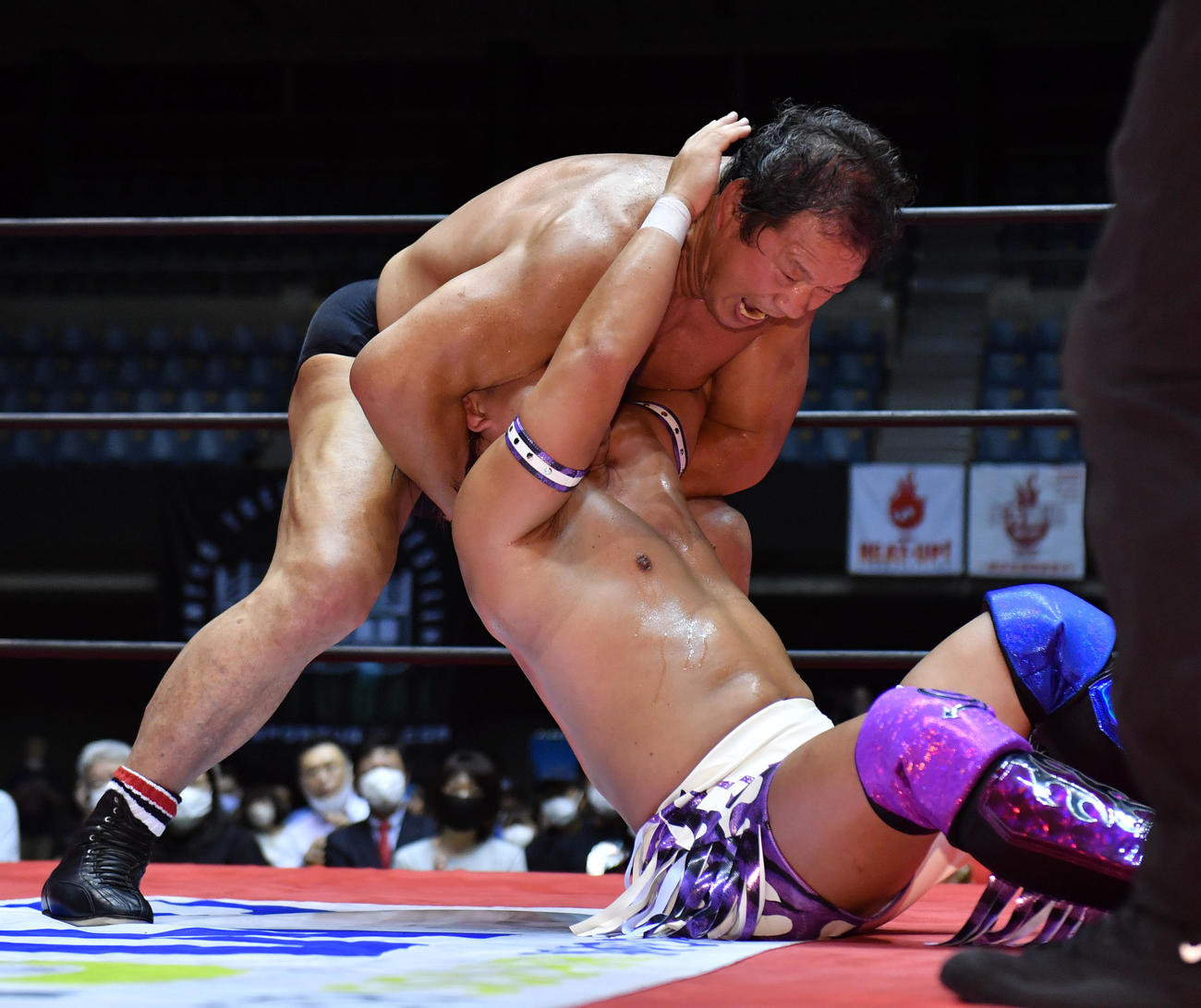 藤波辰爾（左）はTAMURAにドラゴンスリーパーを決める（撮影・柴田隆二）