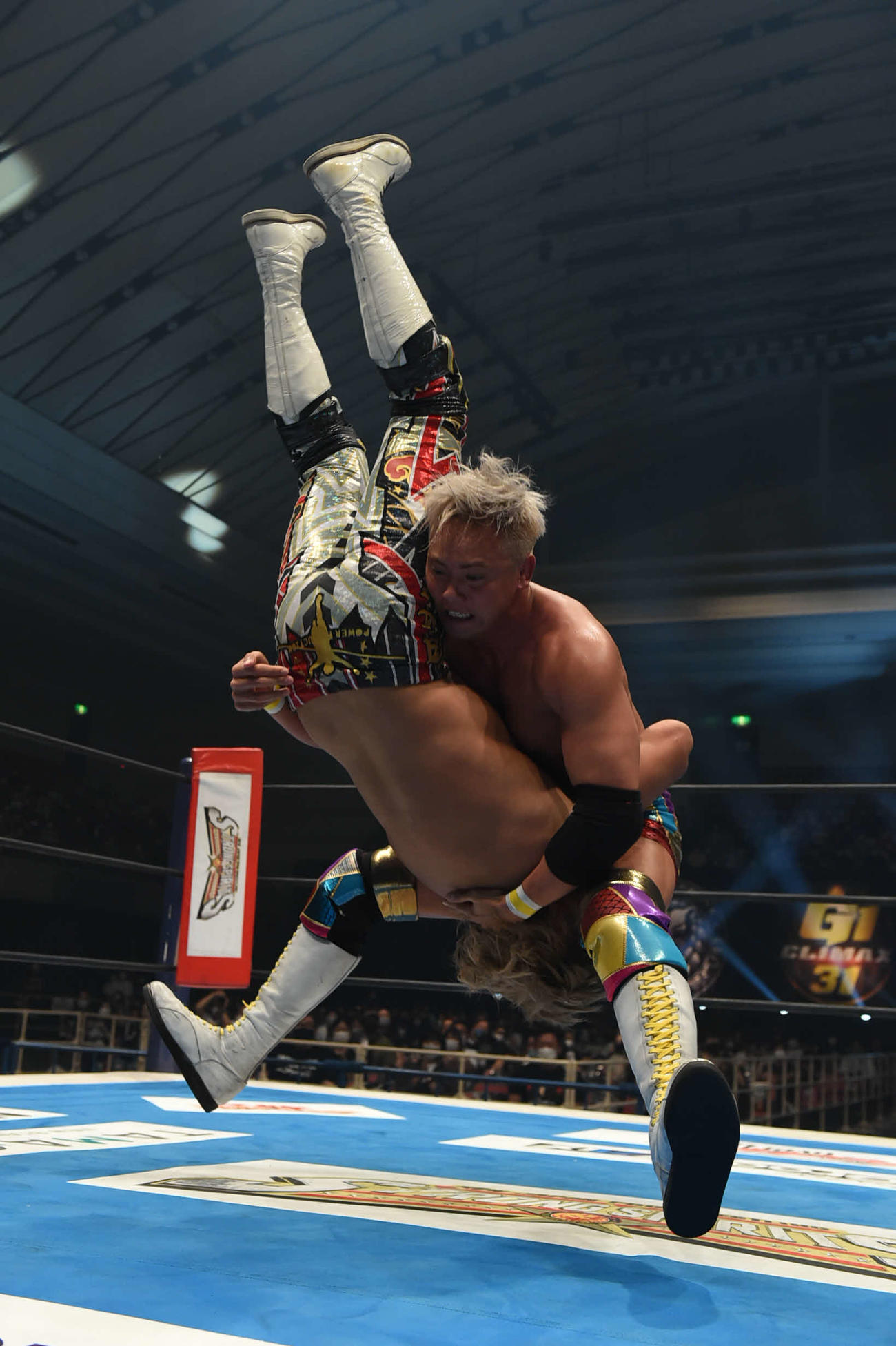 新日本プロレスG1クライマックス　棚橋弘至に開脚式のツームストンパイルドライバーを決めるオカダ・カズチカ（新日本プロレス提供）