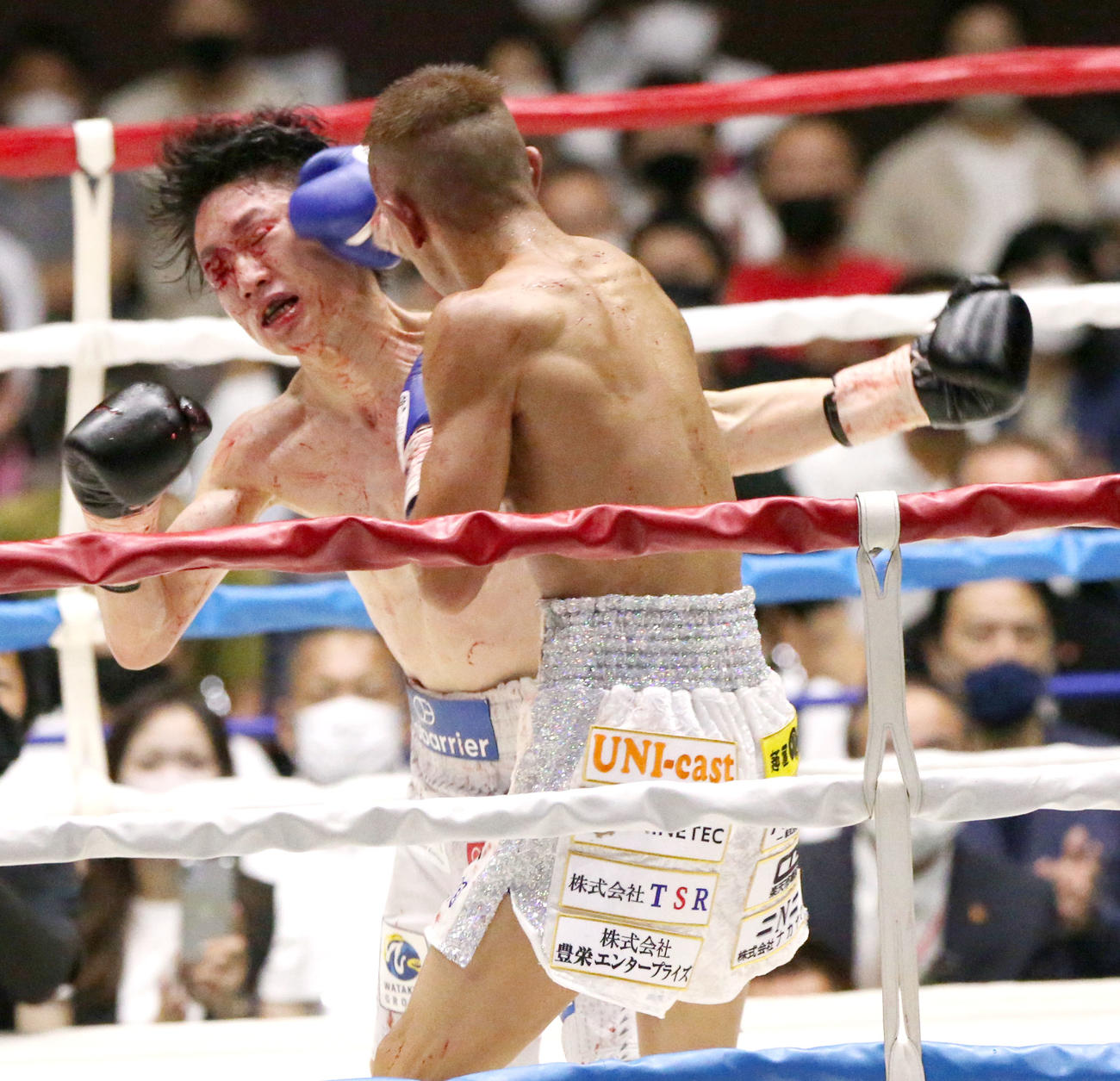 22日、矢吹正道（手前）の強烈なパンチを浴びる寺地拳四朗