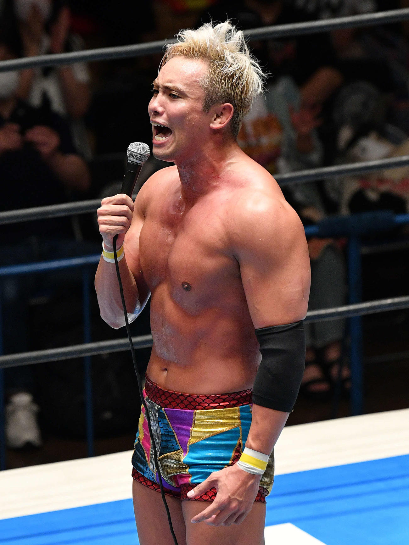 SANADAに勝利しマイクパフォーマンスするオカダ・カズチカ（撮影・滝沢徹郎）