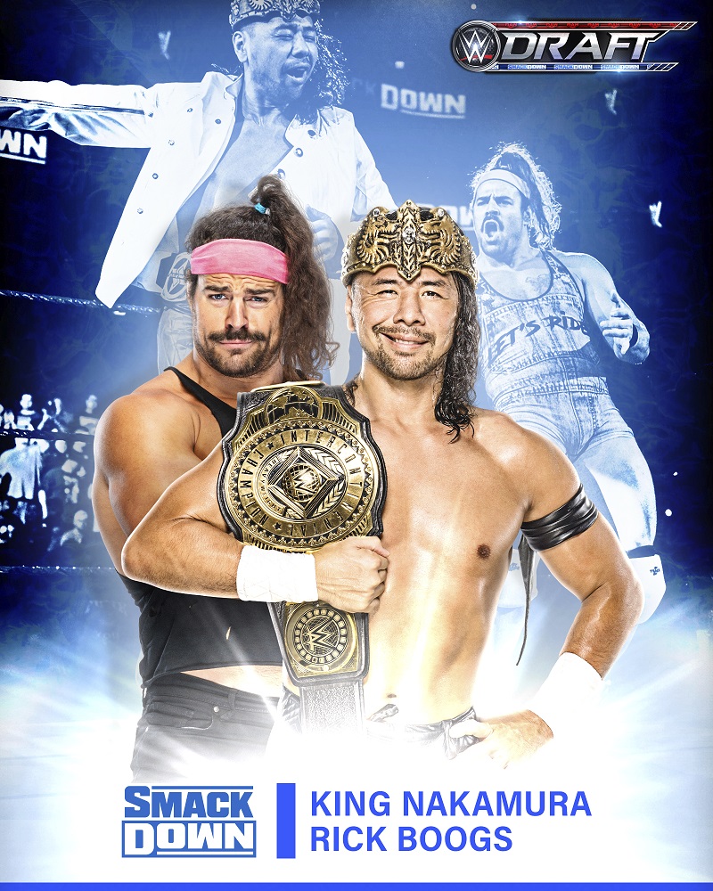 WWEドラフトでスマックダウン残留が決まったインターコンチネンタル王者中邑（右）とブーグス（Ｃ）2021 WWE, Inc. All Rights Reserved.