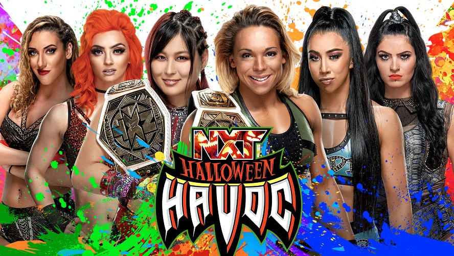 28日配信NXT大会で3WAY防衛戦に臨むNXT女子タッグ王者紫雷（左から3番目）、スターク（同4番目）組©2021 WWE, Inc. All Rights Reserved.