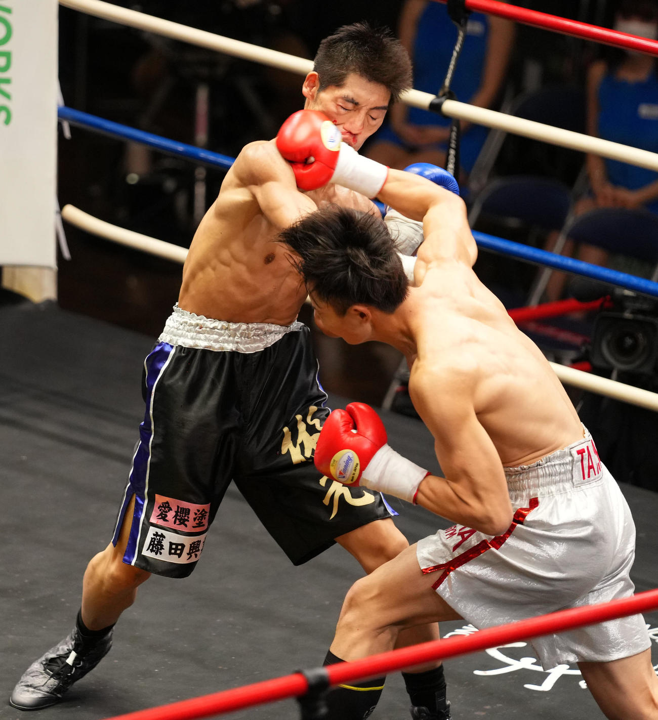 1回、パンチをヒットさせる磯谷（右）（撮影・横山健太）