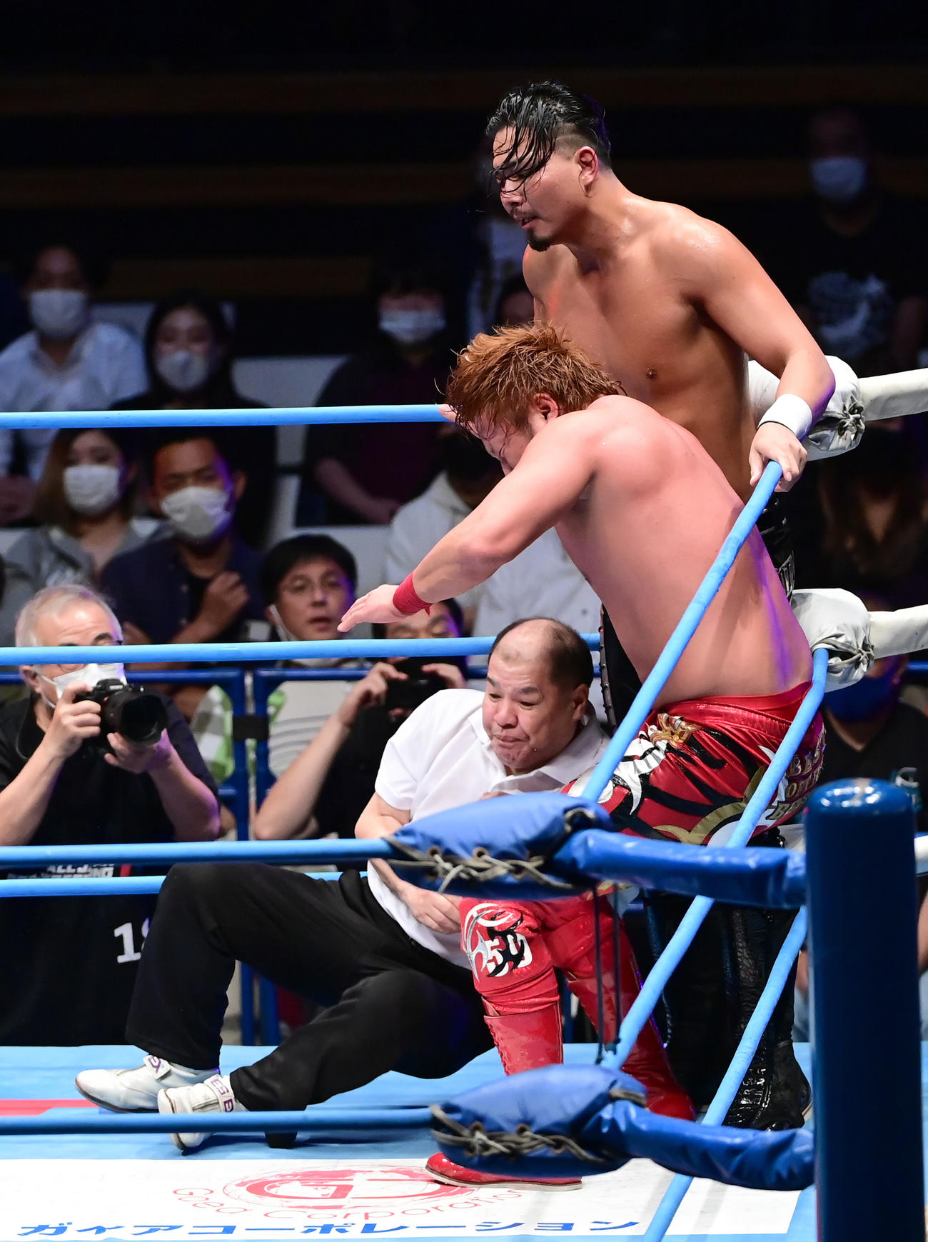 和田レフェリー（左）はジェイク・リー（右）に飛び込んできた宮原に巻き込まれ転倒するアクシデントが起こった（撮影・小沢裕）
