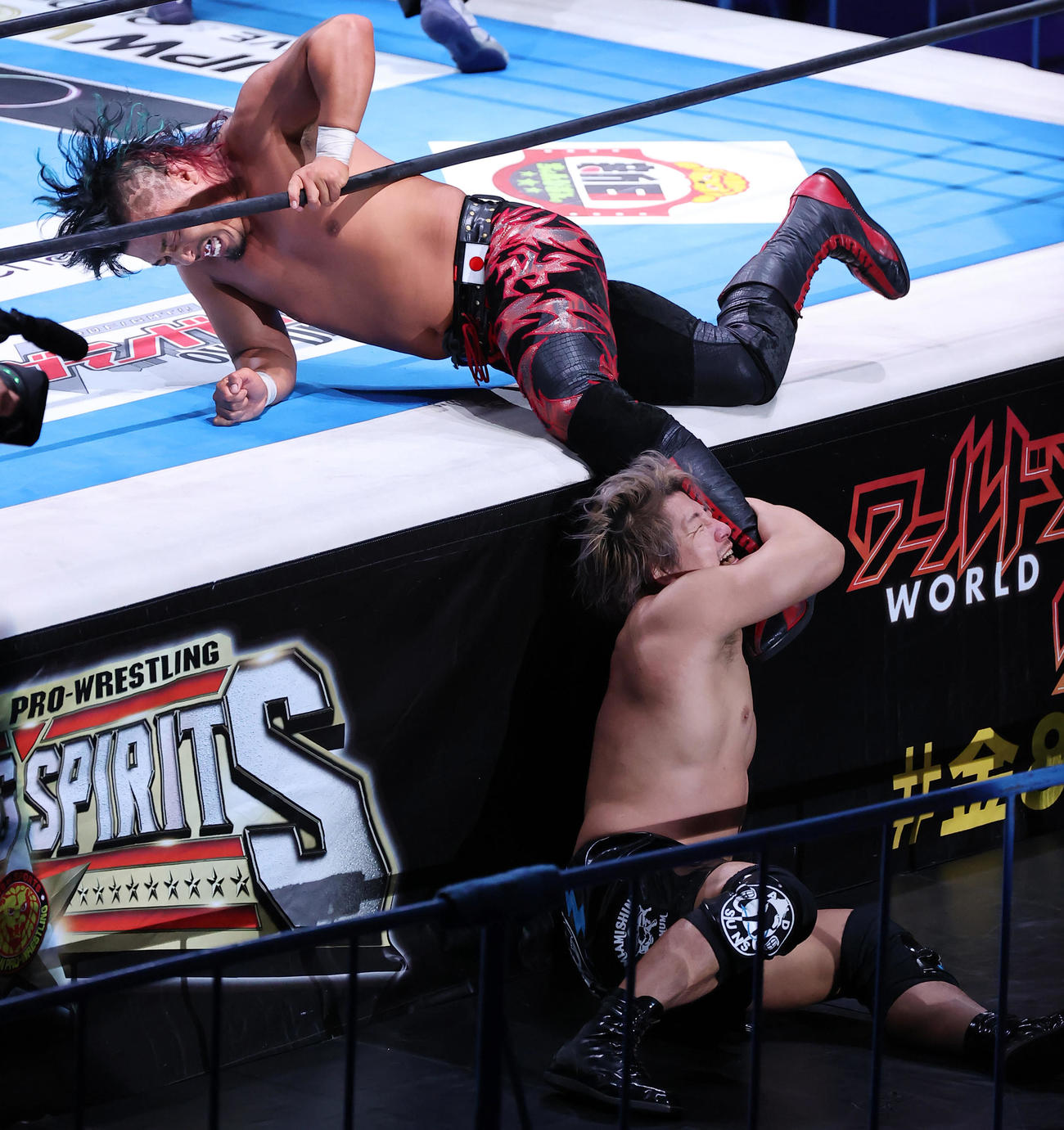 鷹木信悟対高橋裕二郎　鷹木（上）は高橋にカウントぎりぎりで足をつかまれ両者リングアウトとなる（撮影・垰建太）