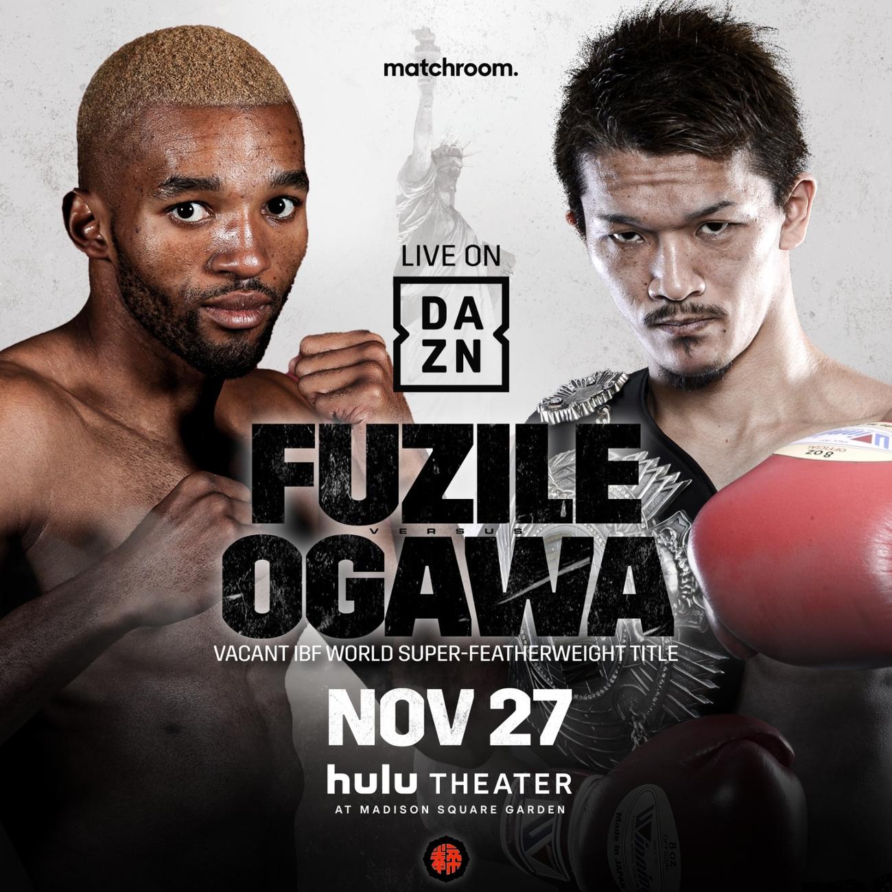 11月27日、米ニューヨークでIBF世界スーパーフェザー級王座決定戦に臨み尾川（右）。左は相手のフジレ（マッチルーム社公式SNSより）