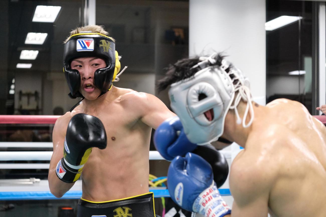 元世界3階級制覇王者田中恒成（右）と初めてスパーリングに臨んだWBAスーパー、IBF世界バンタム級王者井上尚弥（代表撮影）
