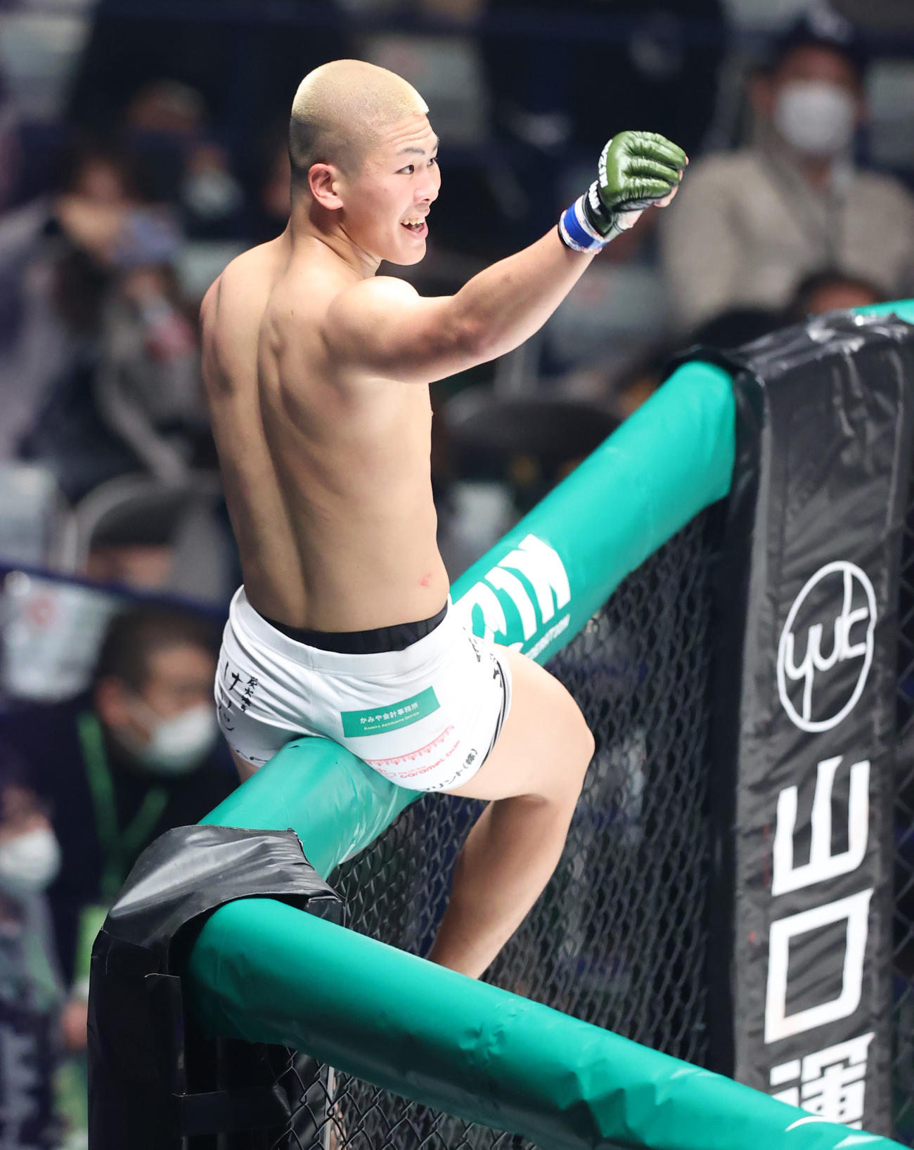 住村に勝利を収めポーズする木下（撮影・上山淳一）