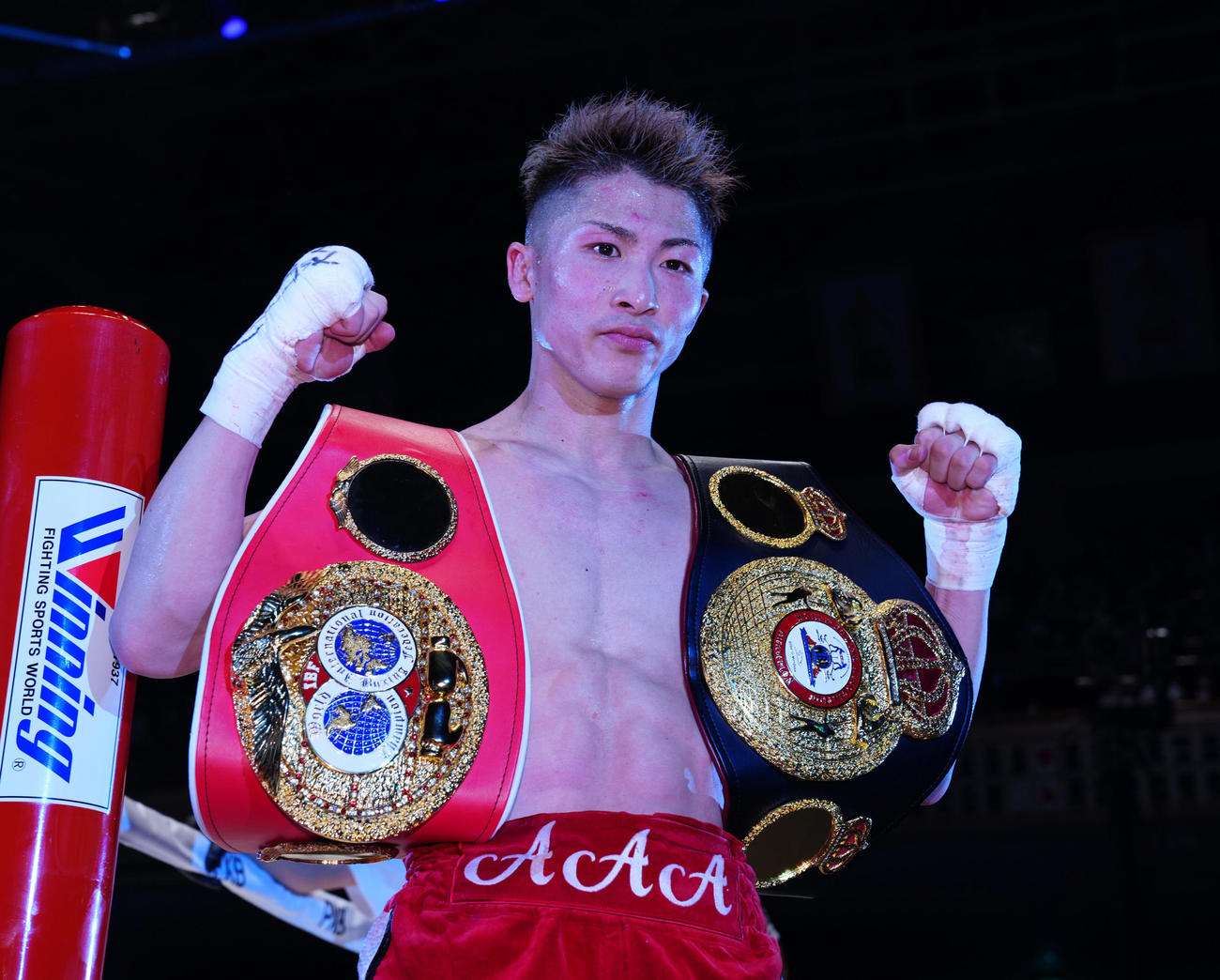 WBAスーパー、IBF世界バンタム級タイトルマッチ　8回、TKOで勝利した井上尚（代表撮影）