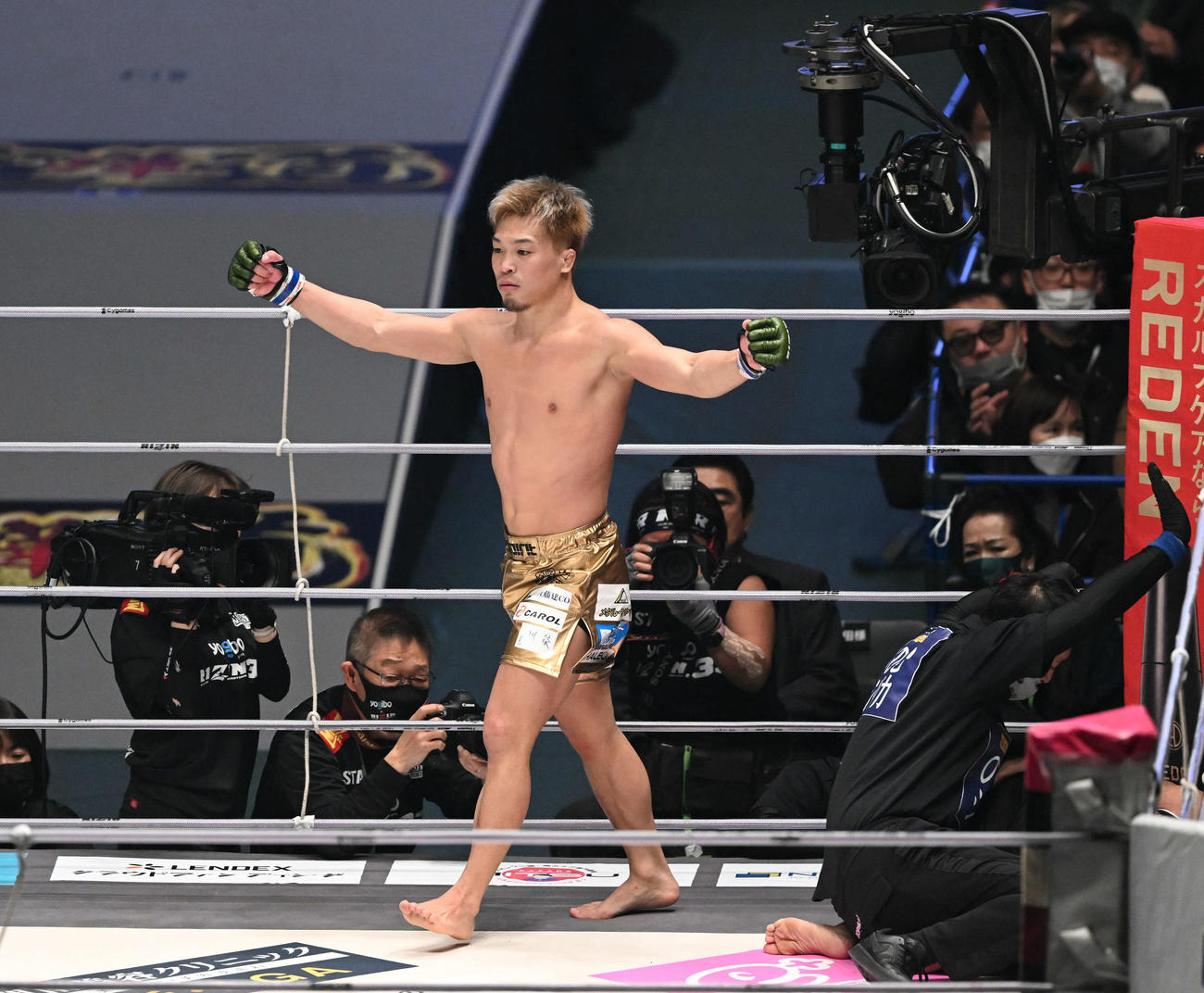 曽根に勝利し両手を広げる太田（撮影・滝沢徹郎）