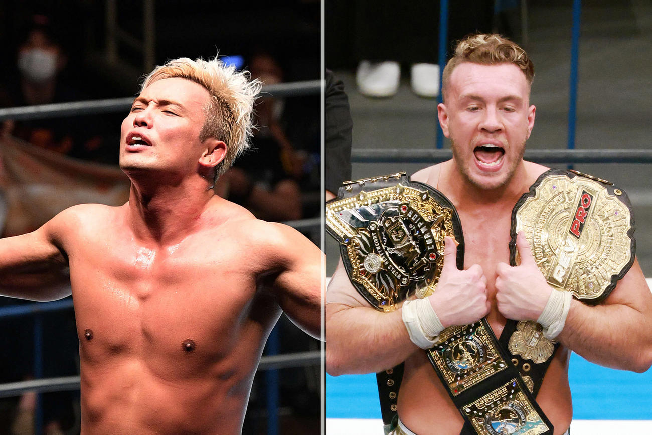 それぞれ王者を自称するオカダ・カズチカ（左）とウィル・オスプレイ