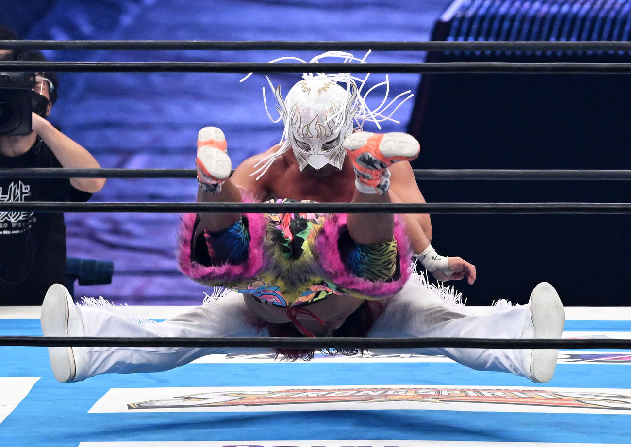 高橋ヒロムにピンチェ・ロコを決めるエル・デスペラード（撮影・滝沢徹郎）