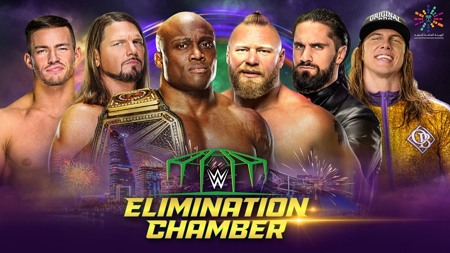 19日のWWEヘビー級王座戦に出場する6人。左端からセオリー、AJスタイルズ、王者ラシュリー、レスナー、ロリンズ、リドル（C）2022 WWE, Inc. All Rights Reserved.