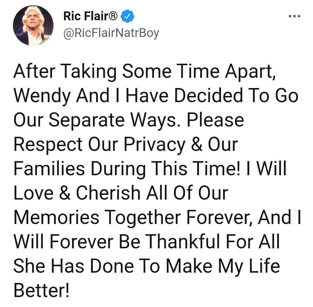 公式SNSでウェンディ・バーロウさんとの事実婚の解消を報告したWWE殿堂入りのリック・フレアー（フレアーの公式ツイッターより）