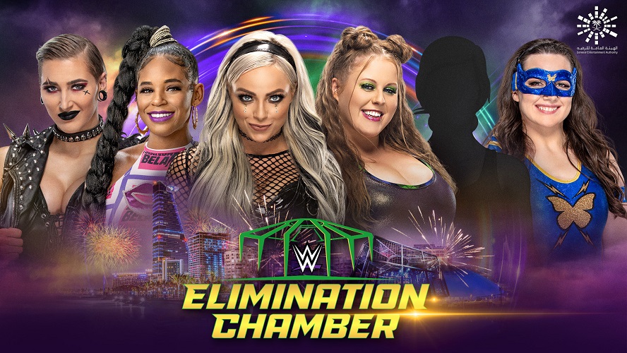 19日の女子エリミネーション・チェンバー戦に出場する5選手。左からリプリー、ブレア、モーガン、ドゥドロップ、A．S．H（C）2022 WWE, Inc. All Rights Reserved.