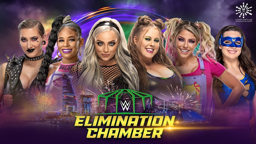 19日の女子エリミネーション・チャンバー戦に出場する6選手。左からリプリー、ブレア、モーガン、ドゥドロップ、ブリス、A.S.H（C）2022 WWE, Inc. All Rights Reserved.