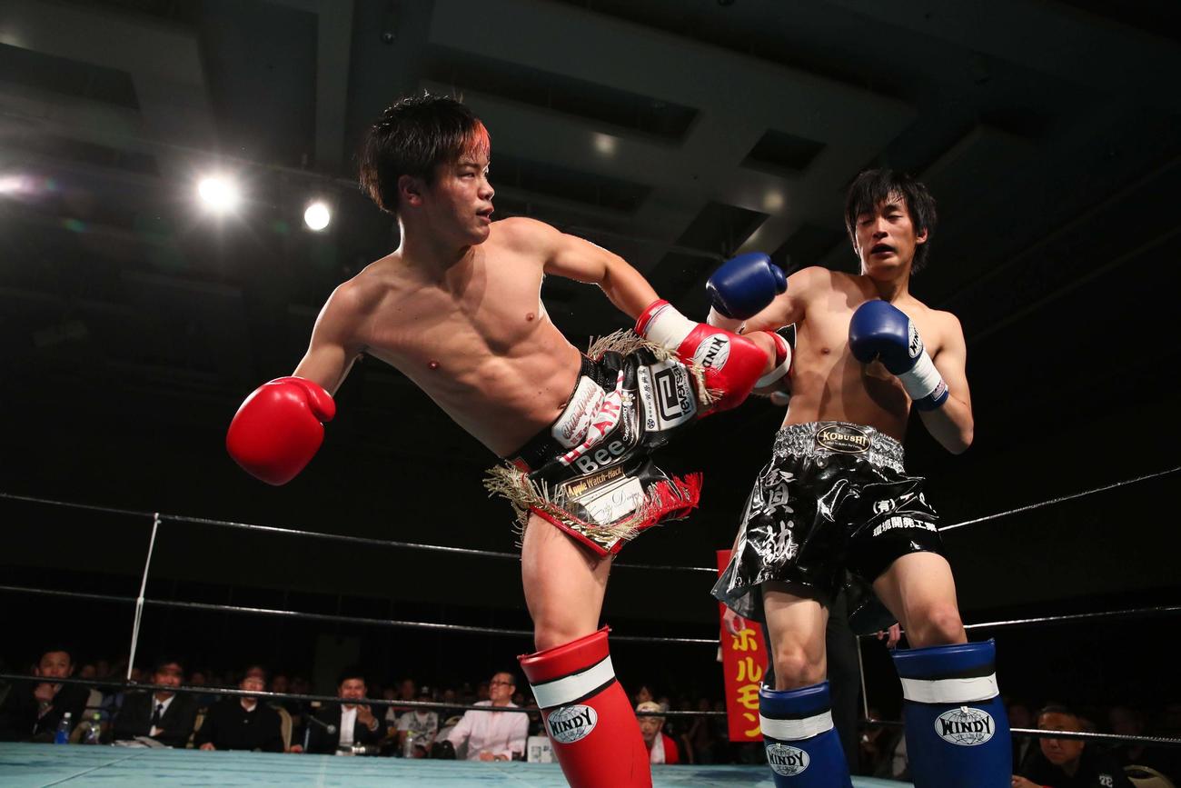 17年に那須川天心とエキシビションマッチに臨んだ山川賢誠（右）（ノースエリア格闘技イベントBOUT提供　撮影・長尾廸）