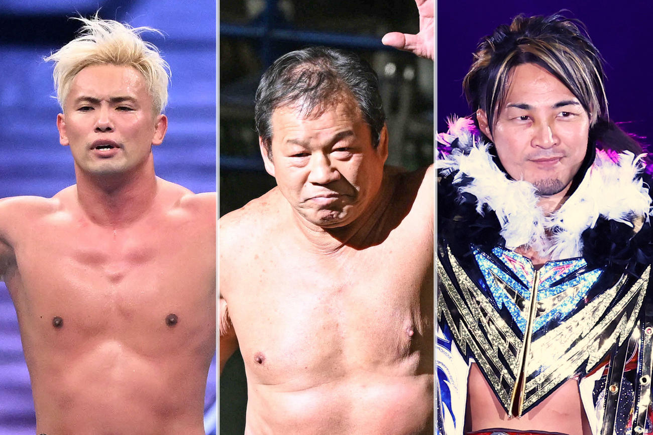 左からオカダ・カズチカ、藤波辰爾、棚橋弘至
